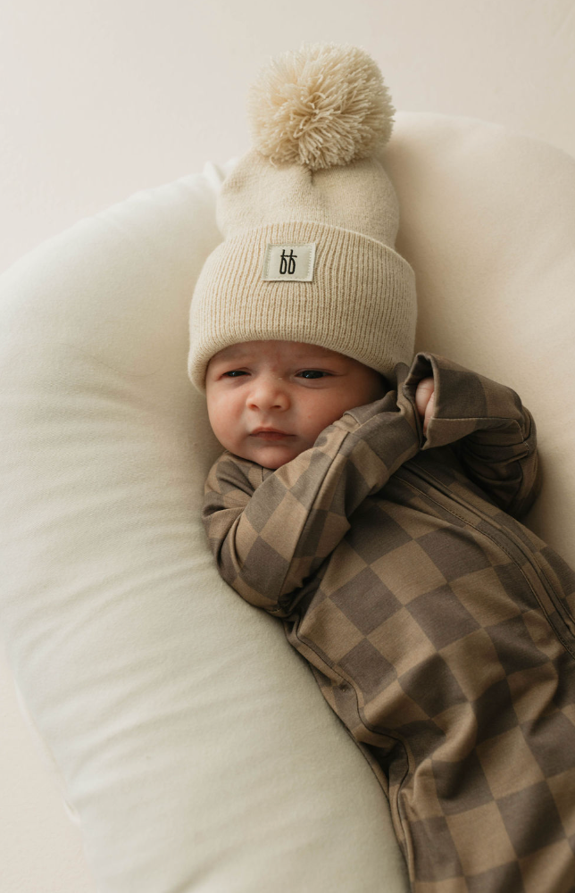 Forever French Baby - Bamboo Zip Pajamas | Faded Brown Checkerboard: 0-3 Months