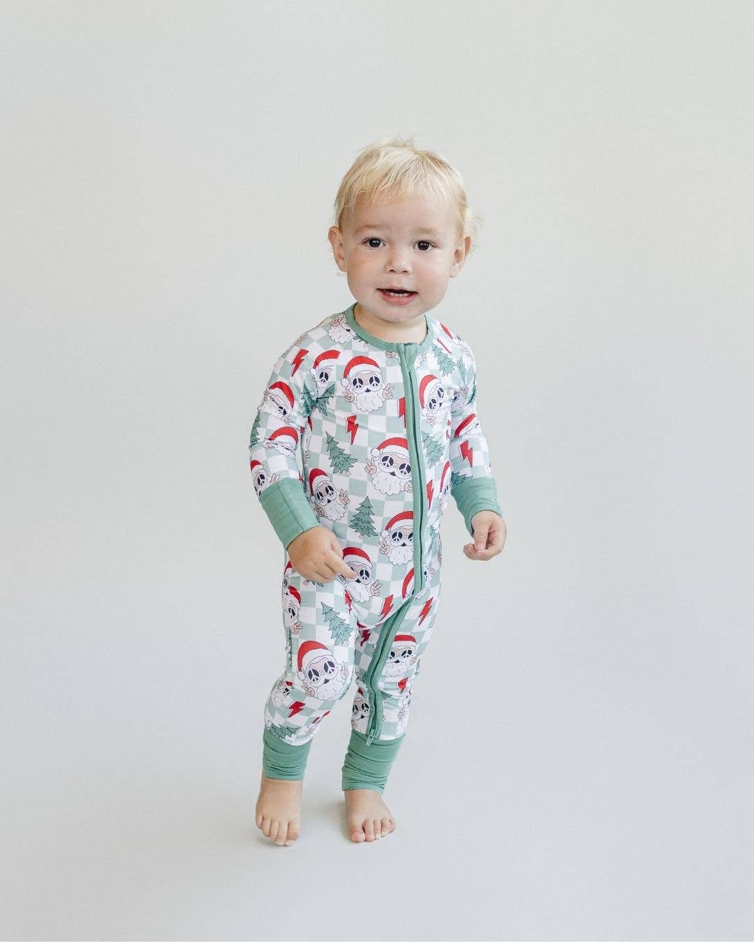 Lucky Panda Kids - Christmas Baby Bamboo Clothing Zip Romper | Checkered Santa: 3-6M