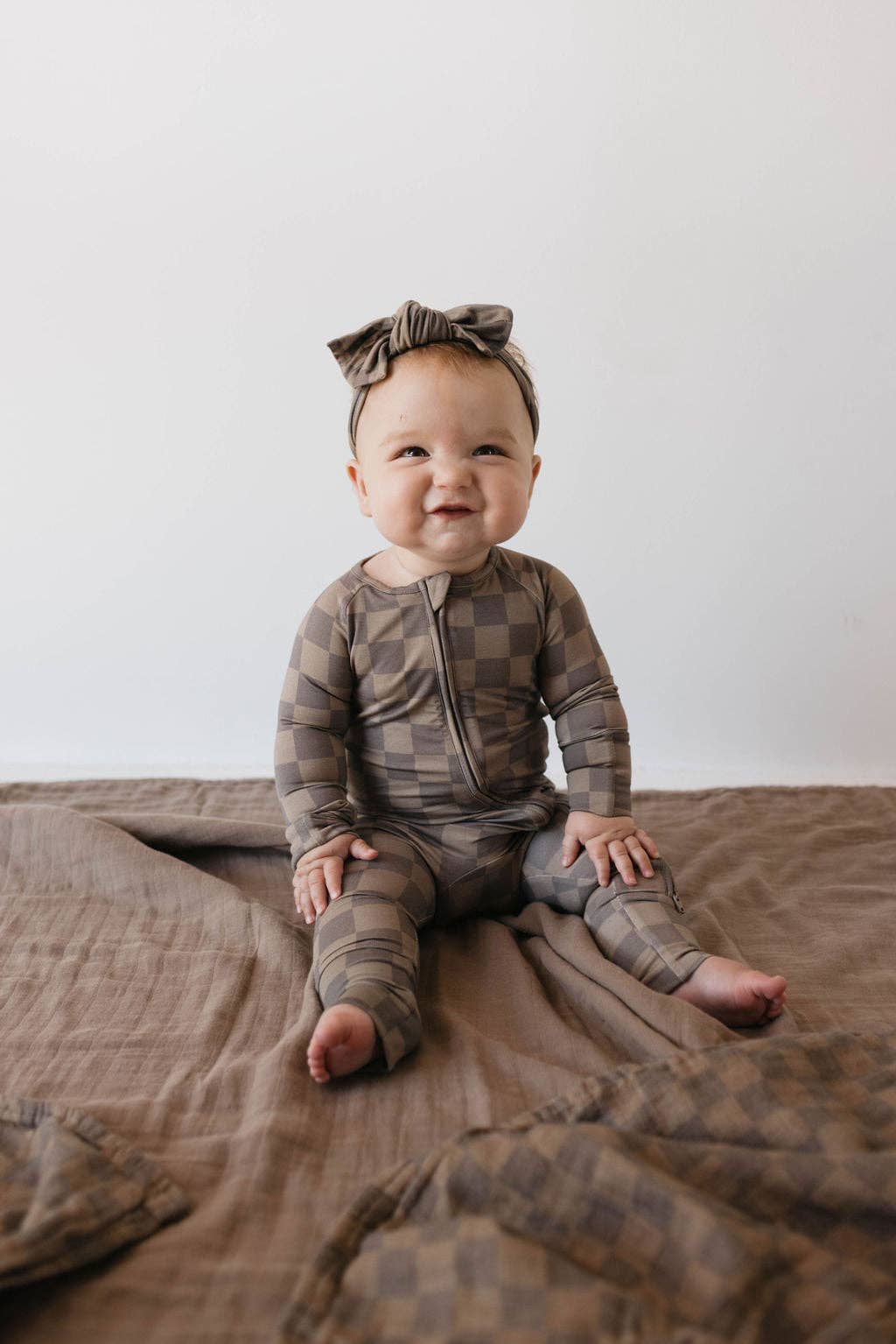 Forever French Baby - Bamboo Zip Pajamas | Faded Brown Checkerboard: 0-3 Months