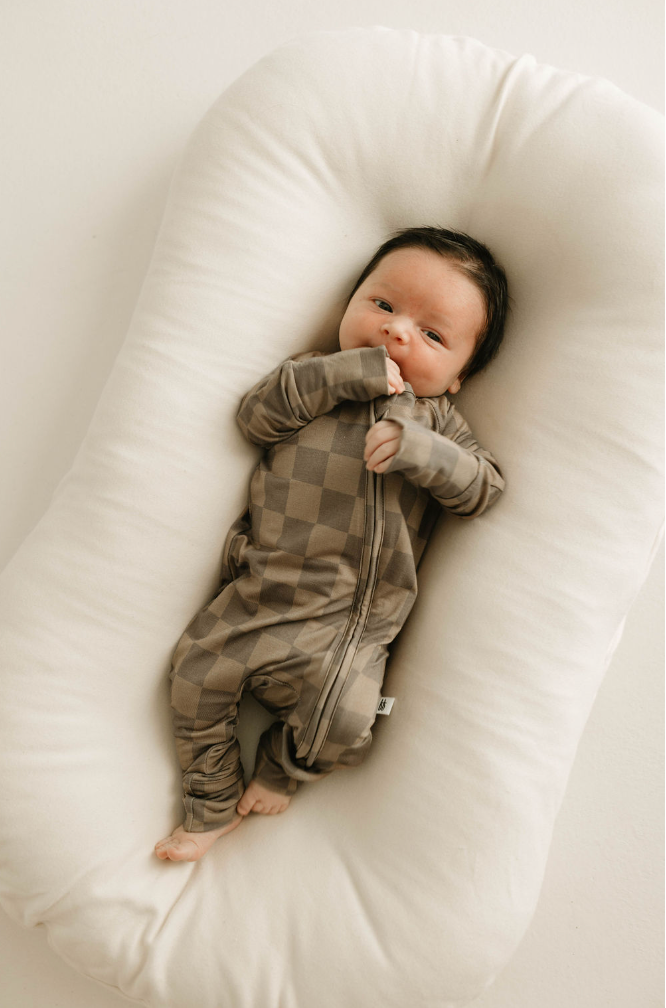 Forever French Baby - Bamboo Zip Pajamas | Faded Brown Checkerboard: 0-3 Months