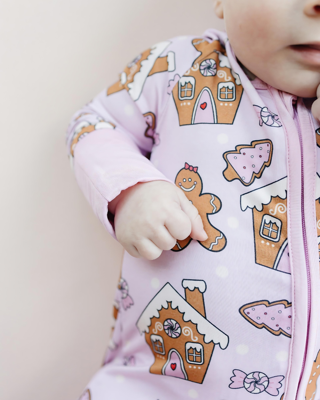 Lucky Panda Kids - Bamboo Christmas Baby Zip Romper | Gingerbread Cookies: 3-6M
