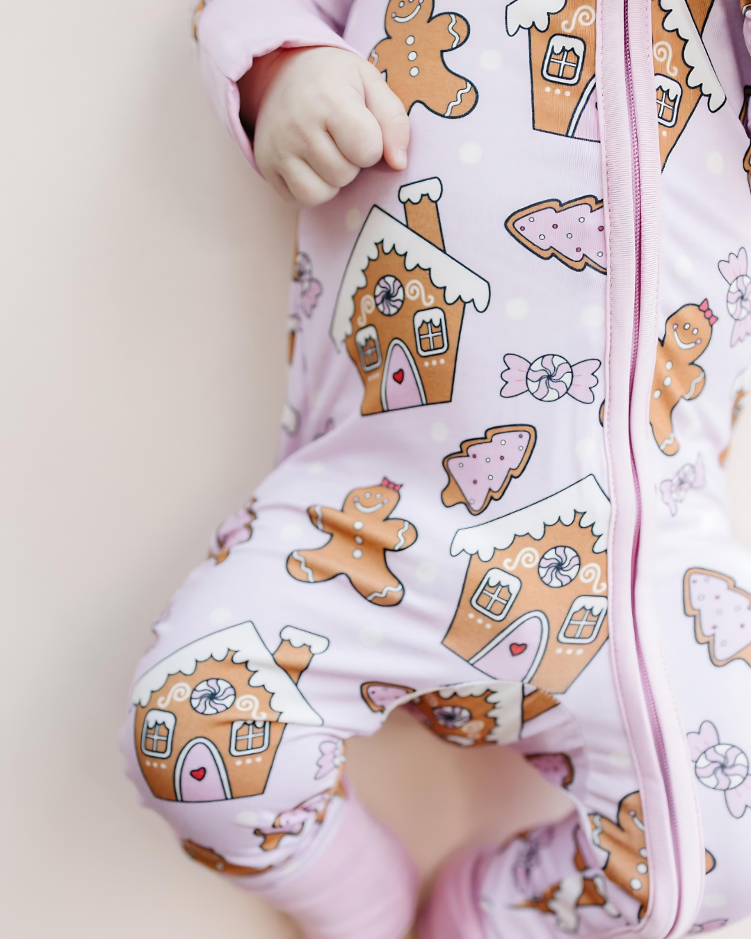 Lucky Panda Kids - Bamboo Christmas Baby Zip Romper | Gingerbread Cookies: 3-6M