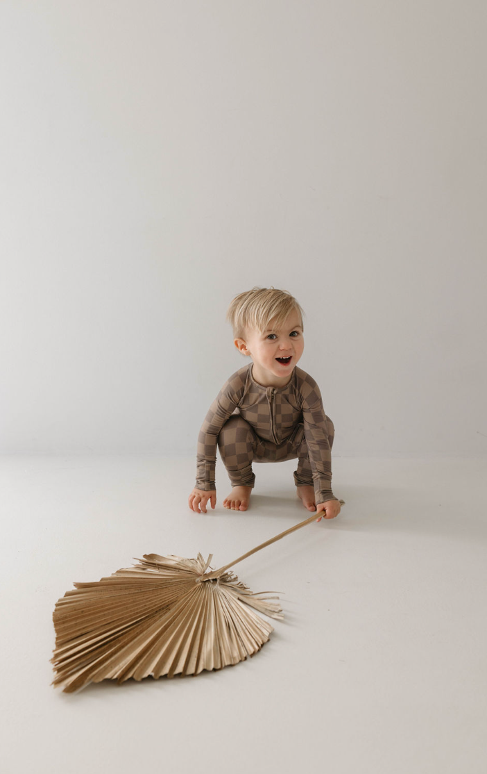 Forever French Baby - Bamboo Zip Pajamas | Faded Brown Checkerboard: 3-6 Months