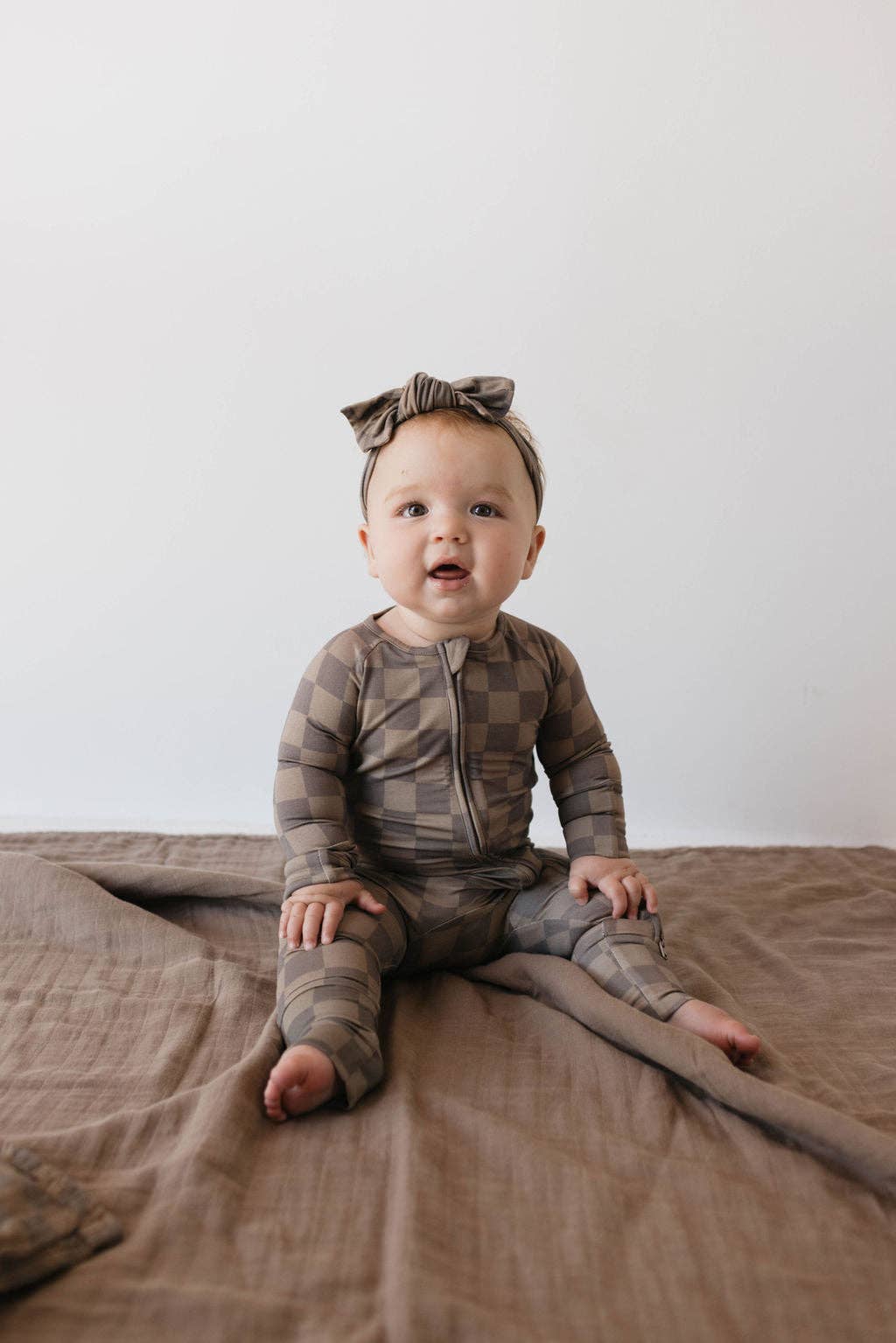 Forever French Baby - Bamboo Zip Pajamas | Faded Brown Checkerboard: 0-3 Months