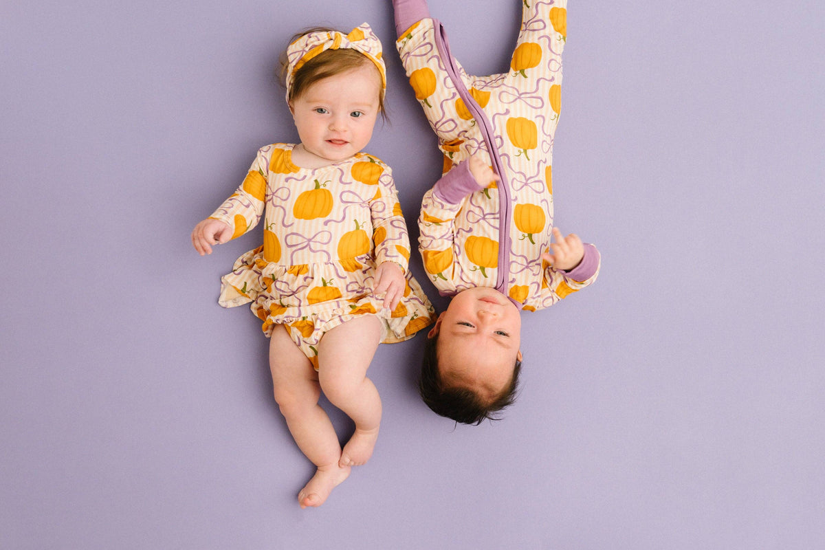 Little One Shop - Pumpkin & Bows Long Sleeve Bodysuit Bamboo Dress