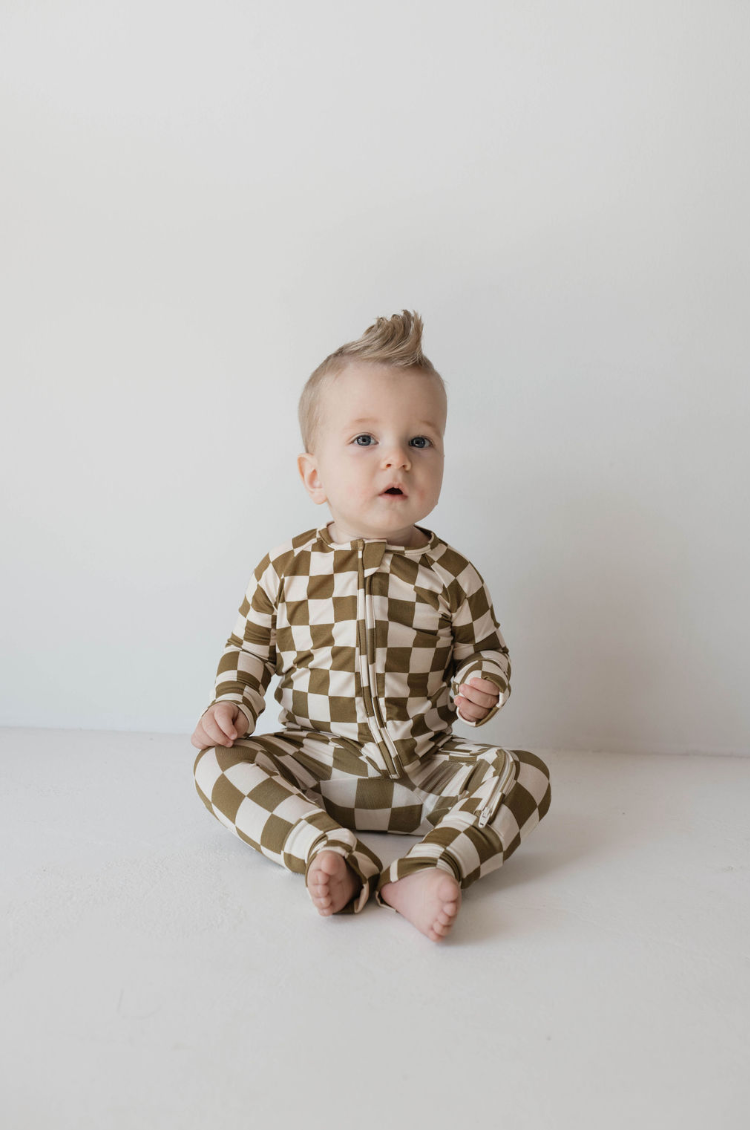 Forever French Baby - Bamboo Zip Pajamas | Olive Checkerboard: 3-6 Months