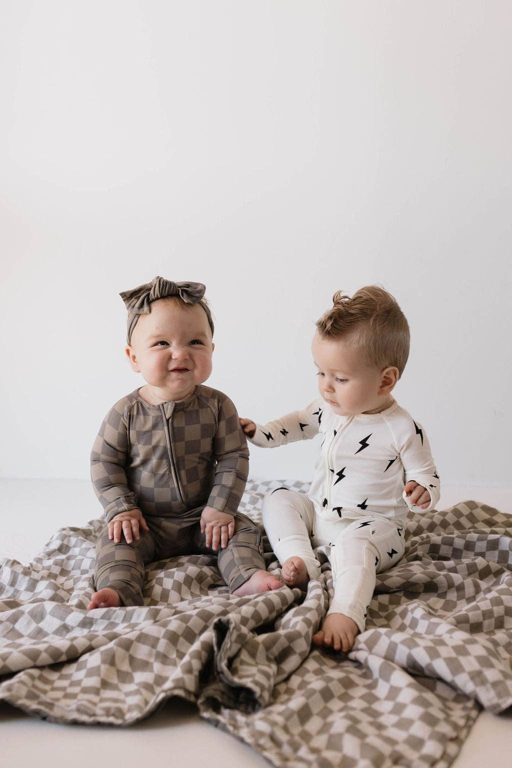 Forever French Baby - Bamboo Zip Pajamas | Faded Brown Checkerboard: 0-3 Months