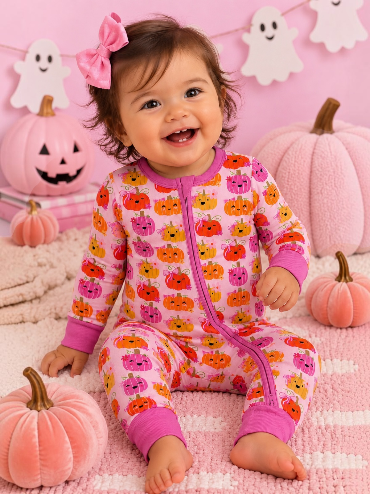 SpearmintLOVE - 2-Way Convertible Zip Romper, Pumpkin Girlies: 6 - 12 mo.
