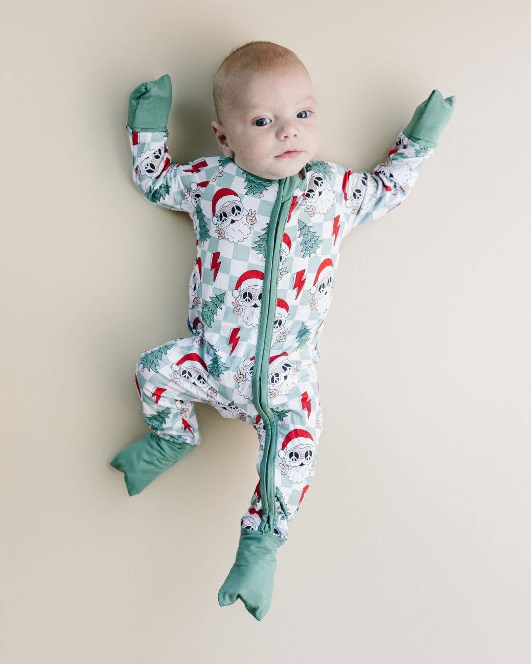 Lucky Panda Kids - Christmas Baby Bamboo Clothing Zip Romper | Checkered Santa: 3-6M