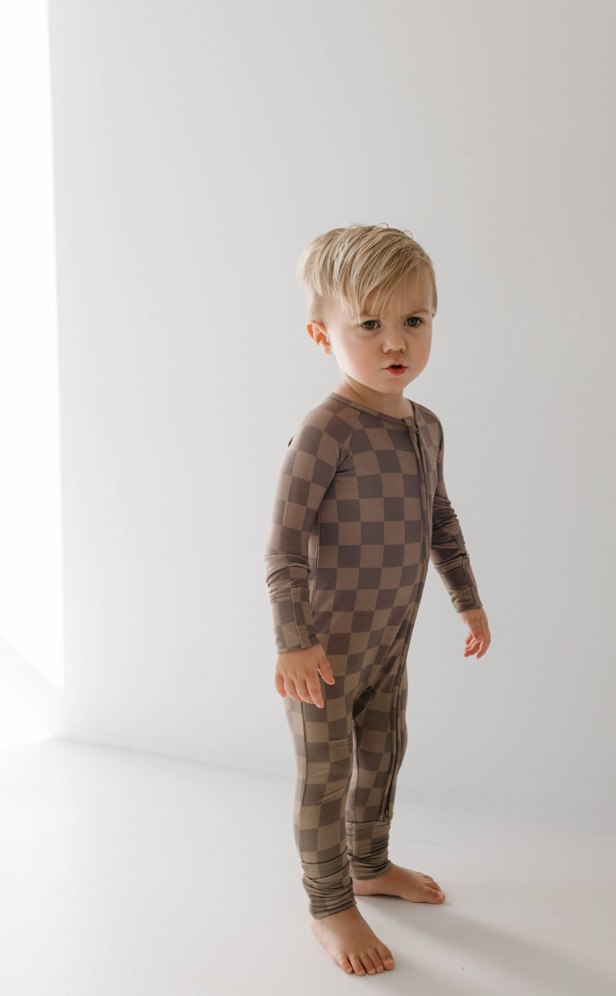 Forever French Baby - Bamboo Zip Pajamas | Faded Brown Checkerboard: 3-6 Months