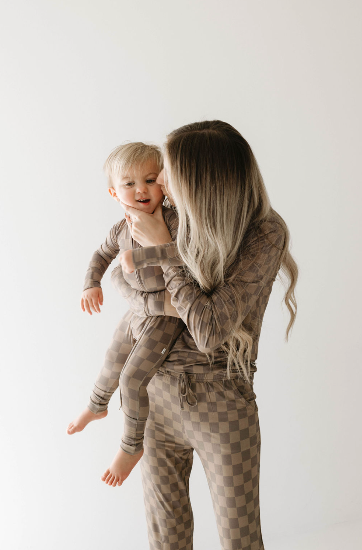 Forever French Baby - Bamboo Zip Pajamas | Faded Brown Checkerboard: 3-6 Months