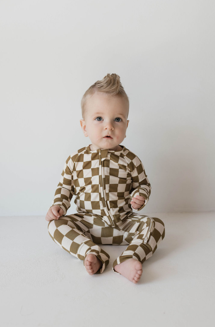 Forever French Baby - Bamboo Zip Pajamas | Olive Checkerboard: 3-6 Months