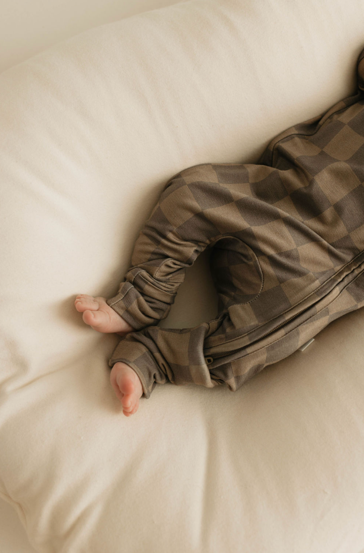 Forever French Baby - Bamboo Zip Pajamas | Faded Brown Checkerboard: 3-6 Months