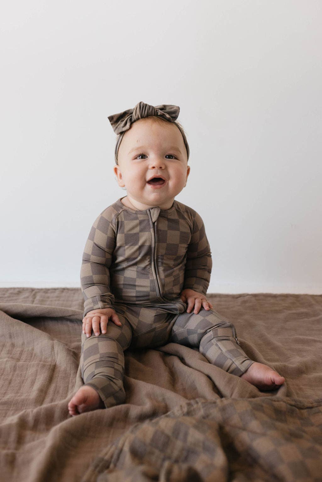 Forever French Baby - Bamboo Zip Pajamas | Faded Brown Checkerboard: 0-3 Months