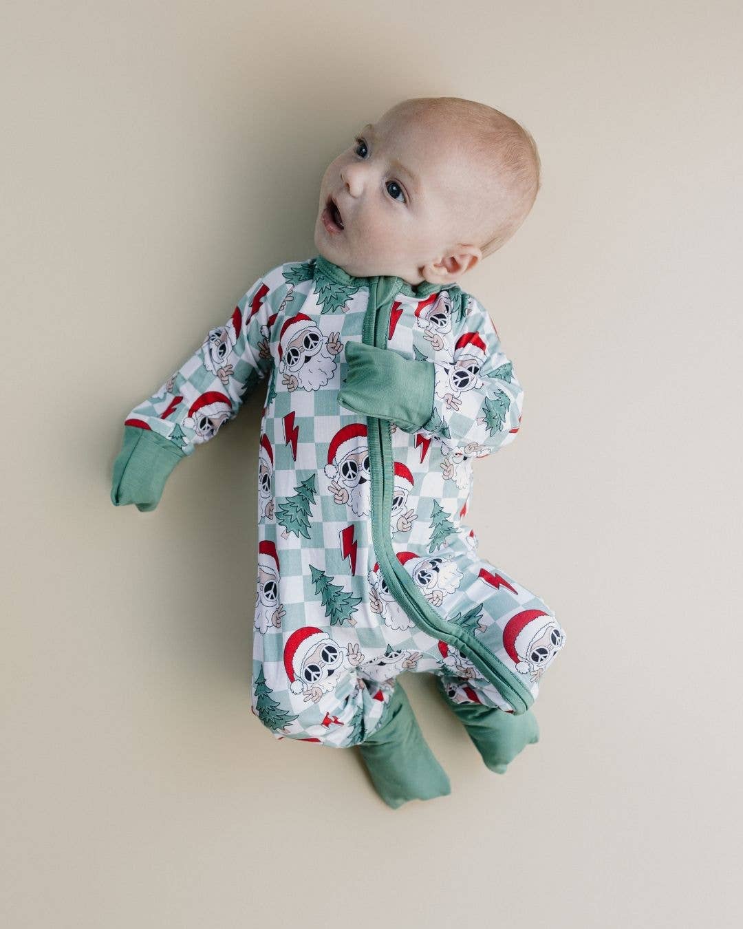 Lucky Panda Kids - Christmas Baby Bamboo Clothing Zip Romper | Checkered Santa: 3-6M