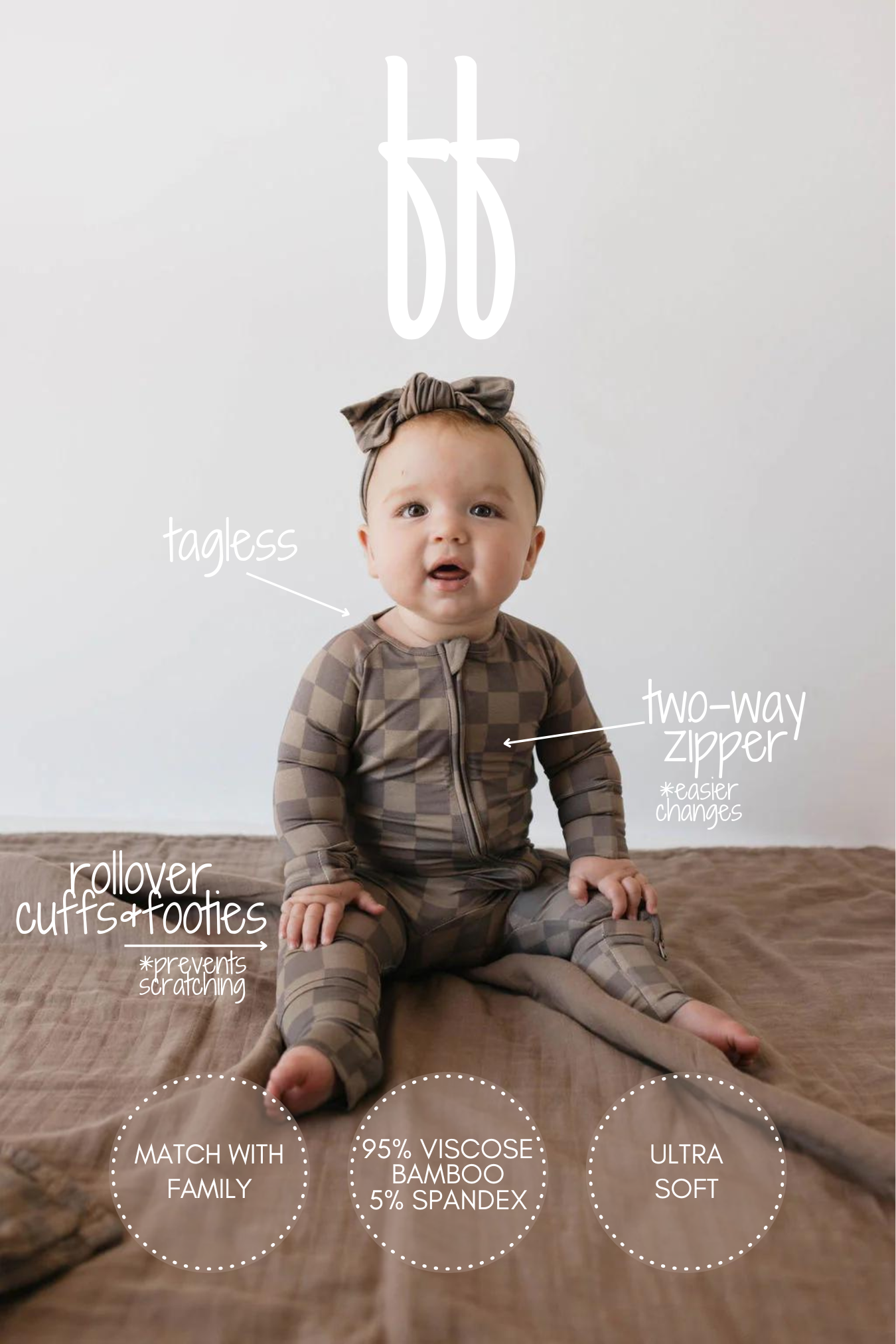Forever French Baby - Bamboo Zip Pajamas | Faded Brown Checkerboard: 3-6 Months