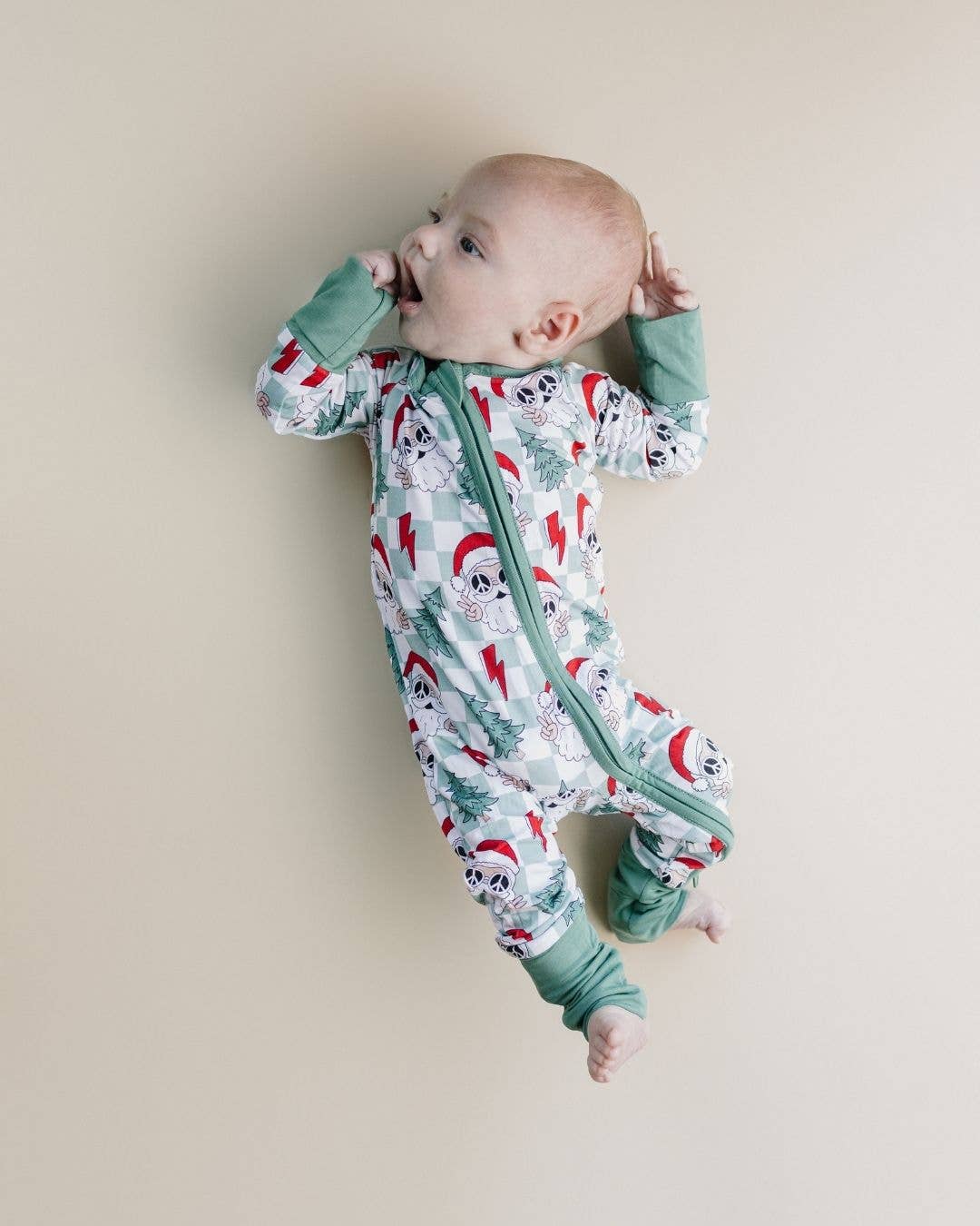 Lucky Panda Kids - Christmas Baby Bamboo Clothing Zip Romper | Checkered Santa: 3-6M
