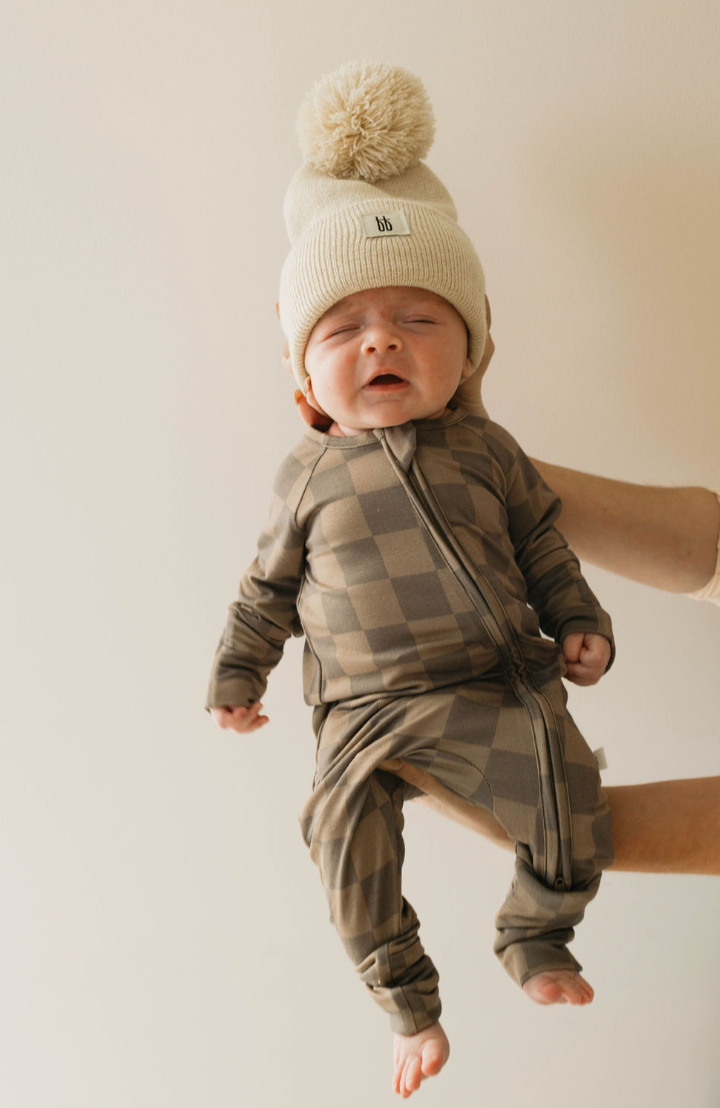 Forever French Baby - Bamboo Zip Pajamas | Faded Brown Checkerboard: 0-3 Months