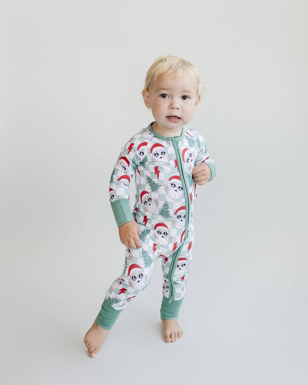 Lucky Panda Kids - Christmas Baby Bamboo Clothing Zip Romper | Checkered Santa: 3-6M