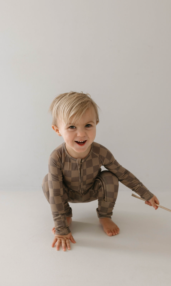 Forever French Baby - Bamboo Zip Pajamas | Faded Brown Checkerboard: 3-6 Months