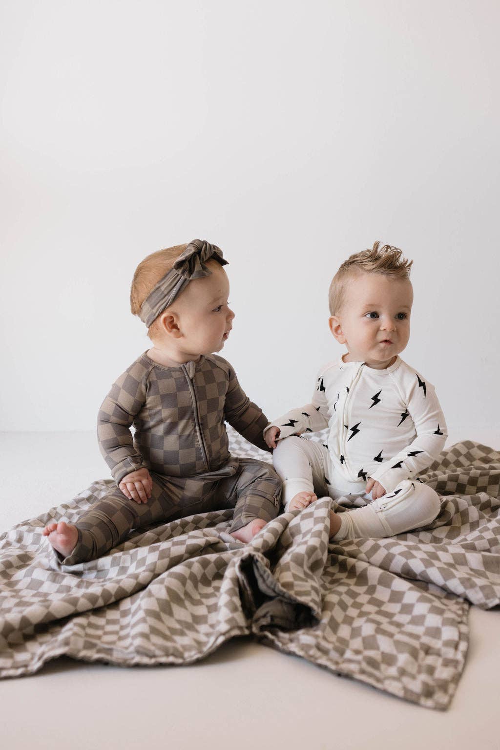 Forever French Baby - Bamboo Zip Pajamas | Faded Brown Checkerboard: 0-3 Months