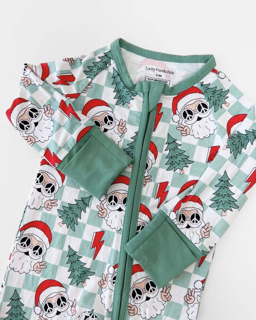 Lucky Panda Kids - Christmas Baby Bamboo Clothing Zip Romper | Checkered Santa: 3-6M