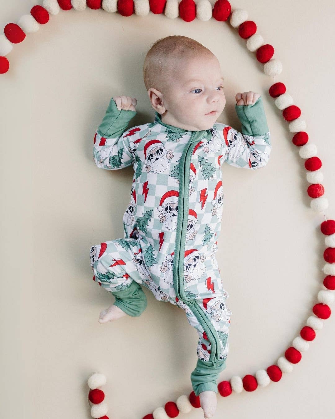 Lucky Panda Kids - Christmas Baby Bamboo Clothing Zip Romper | Checkered Santa: 3-6M