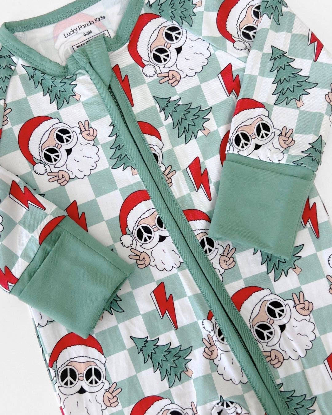 Lucky Panda Kids - Christmas Baby Bamboo Clothing Zip Romper | Checkered Santa: 3-6M