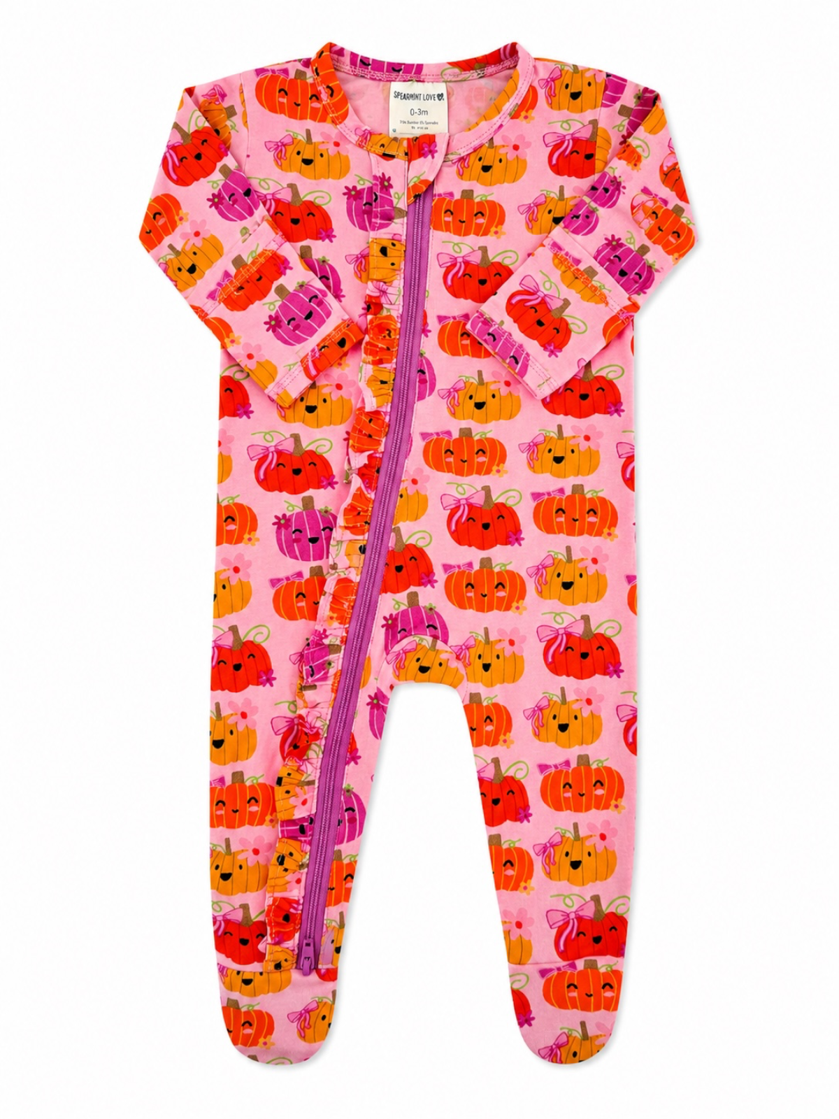 SpearmintLOVE - 2-Way Zip Ruffle Footie, Pumpkin Girlies: 3 - 6 mo.