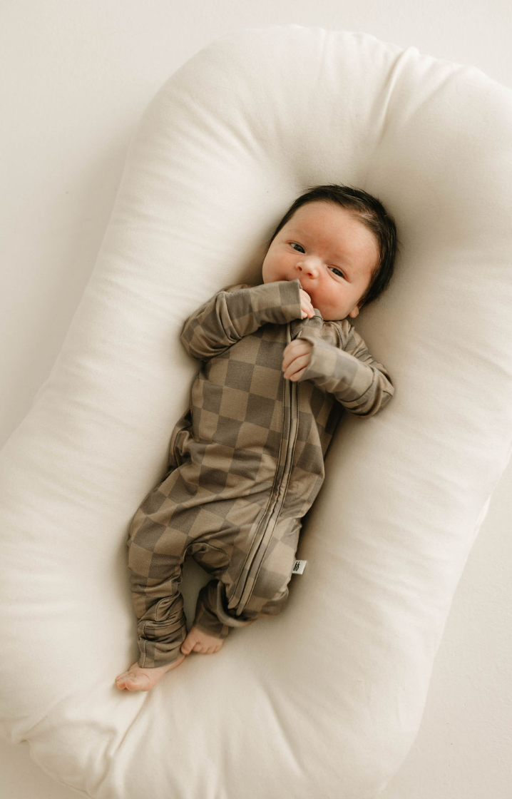 Forever French Baby - Bamboo Zip Pajamas | Faded Brown Checkerboard: 0-3 Months