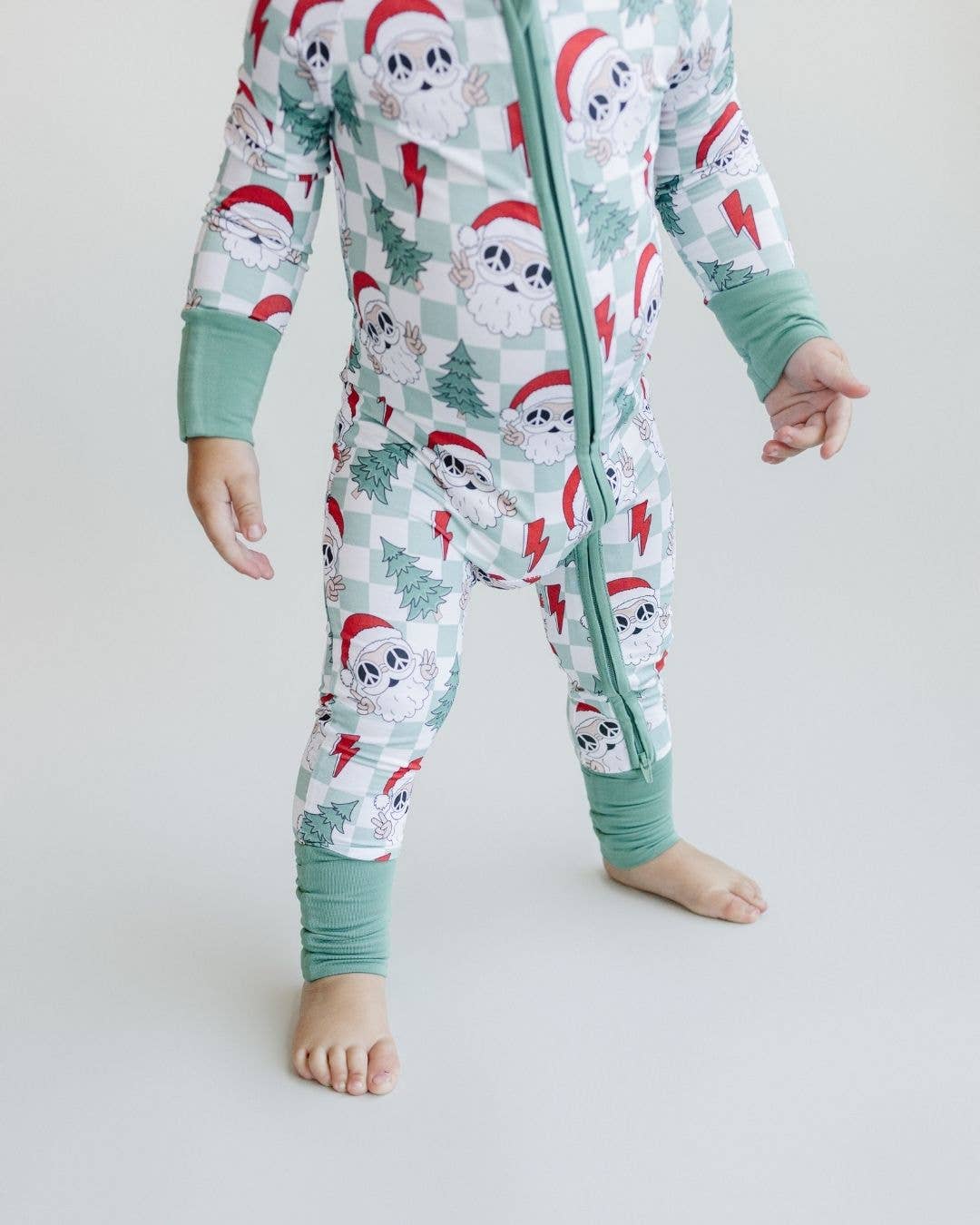 Lucky Panda Kids - Christmas Baby Bamboo Clothing Zip Romper | Checkered Santa: 3-6M