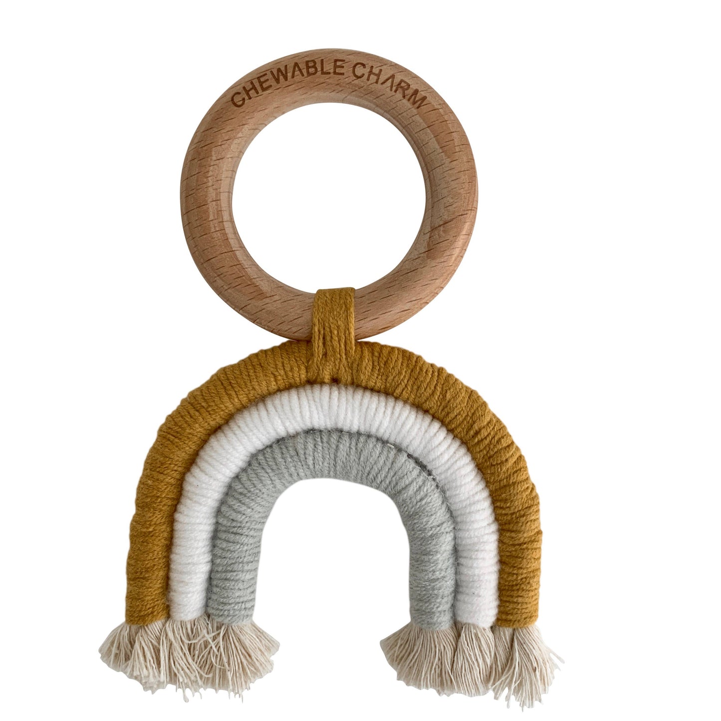 Chewable Charm - Rainbow Macrame Teether- Mustard + Grey