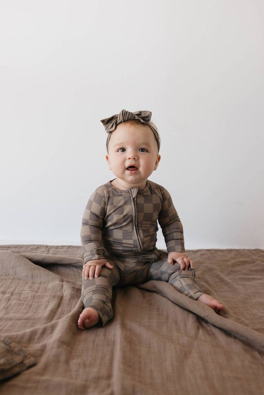 Forever French Baby - Bamboo Zip Pajamas | Faded Brown Checkerboard: 3-6 Months