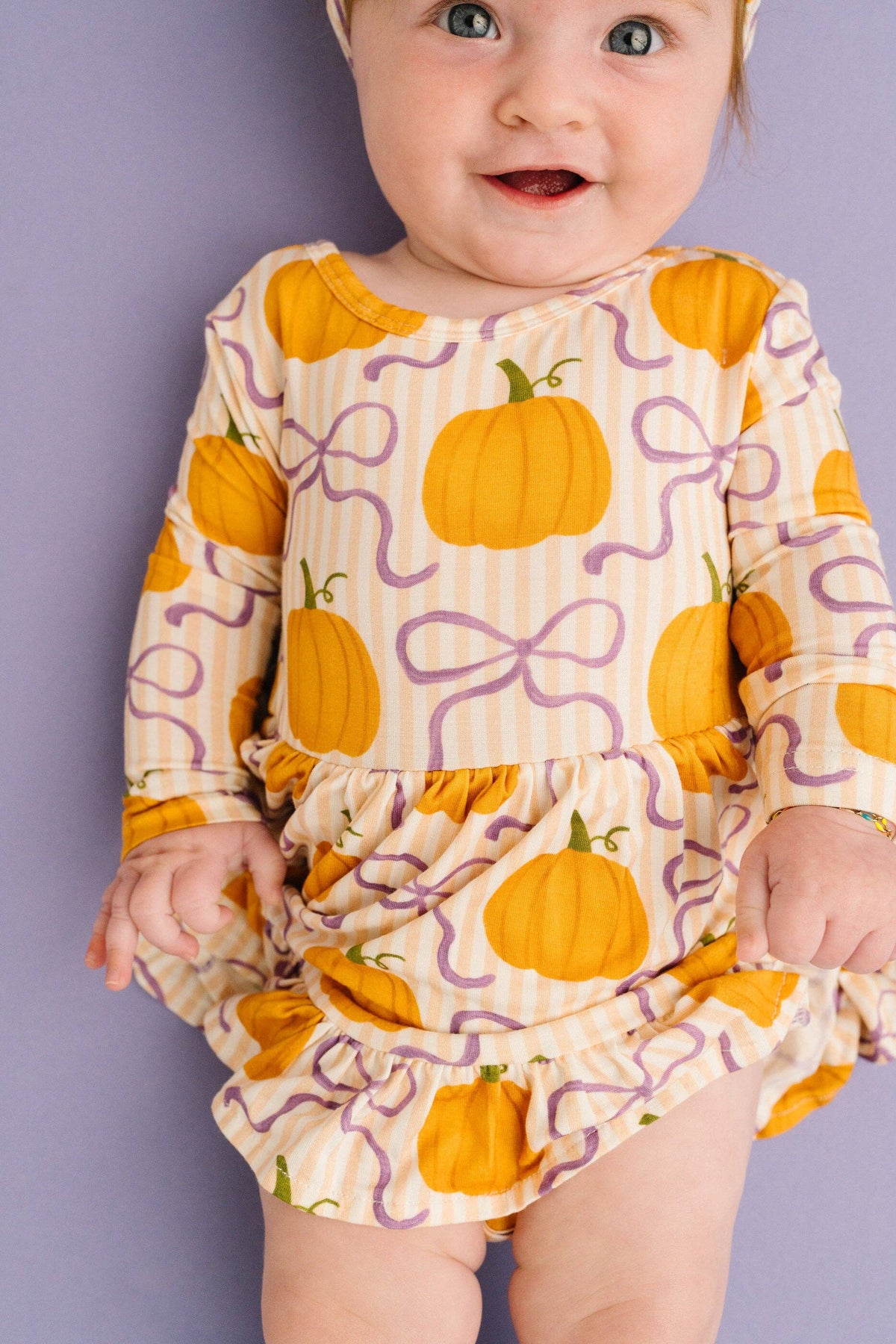 Little One Shop - Pumpkin & Bows Long Sleeve Bodysuit Bamboo Dress