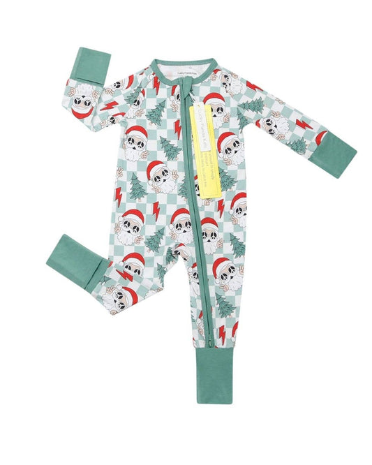 Lucky Panda Kids - Christmas Baby Bamboo Clothing Zip Romper | Checkered Santa: 0-3M