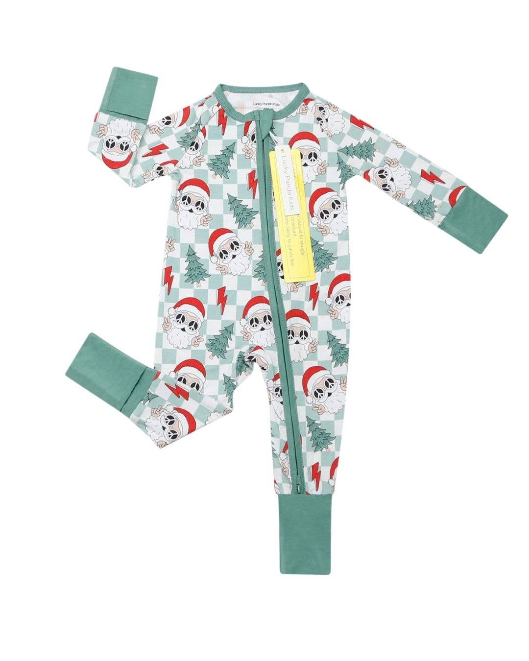 Lucky Panda Kids - Christmas Baby Bamboo Clothing Zip Romper | Checkered Santa: 12-18M