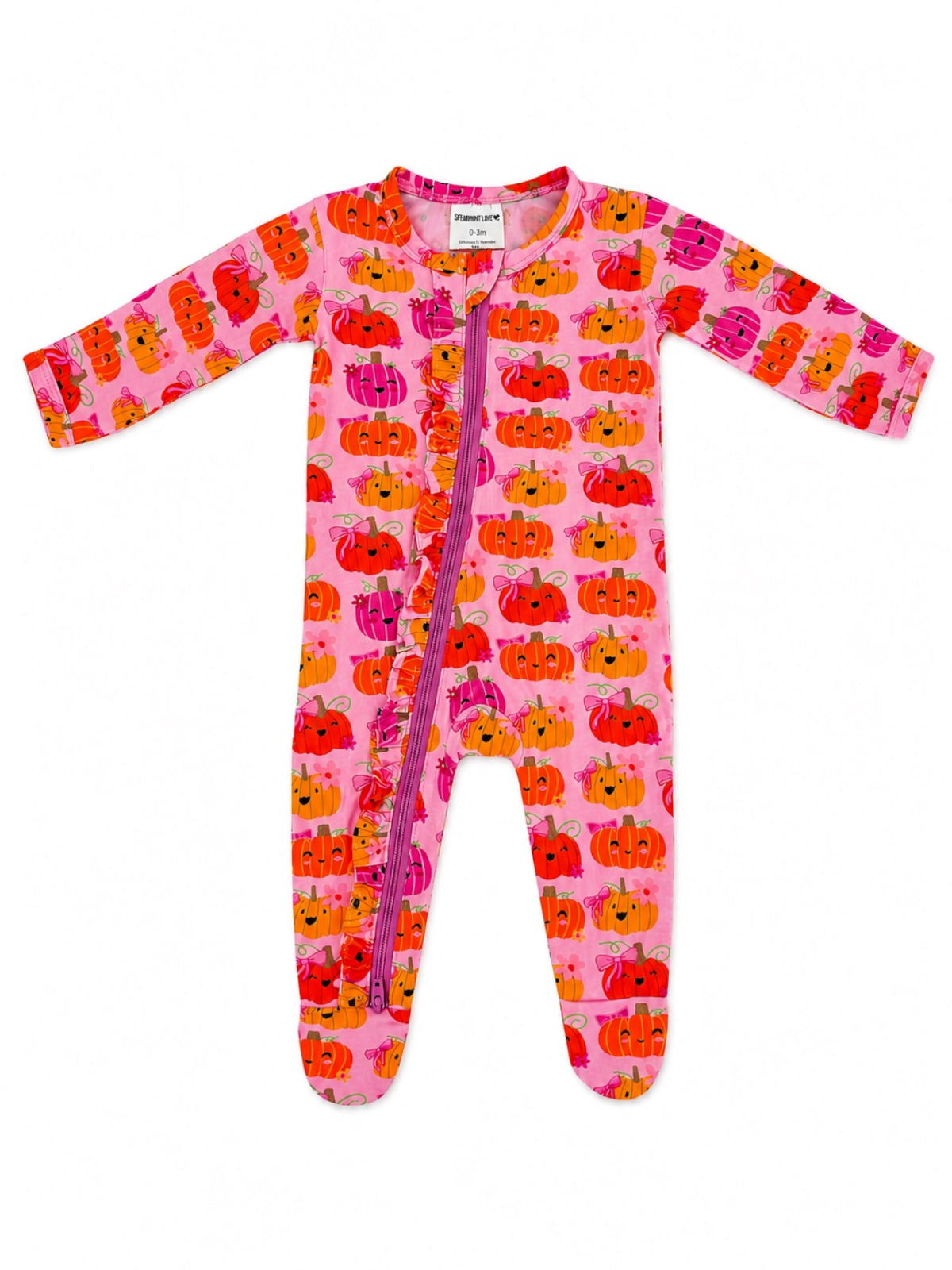 SpearmintLOVE - 2-Way Zip Ruffle Footie, Pumpkin Girlies: 3 - 6 mo.