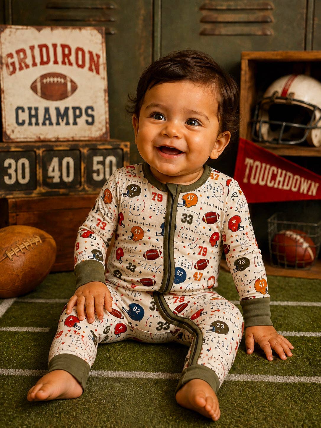 SpearmintLOVE - 2-Way Zip Romper, Vintage Football Playbook: 3 - 6 mo.