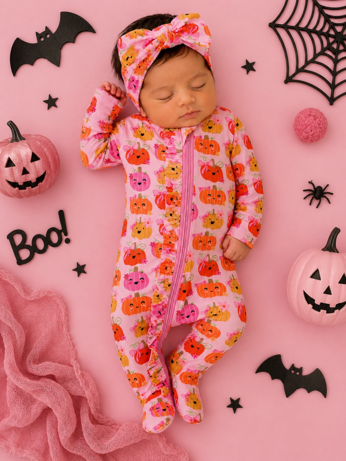 SpearmintLOVE - 2-Way Zip Ruffle Footie, Pumpkin Girlies: 3 - 6 mo.