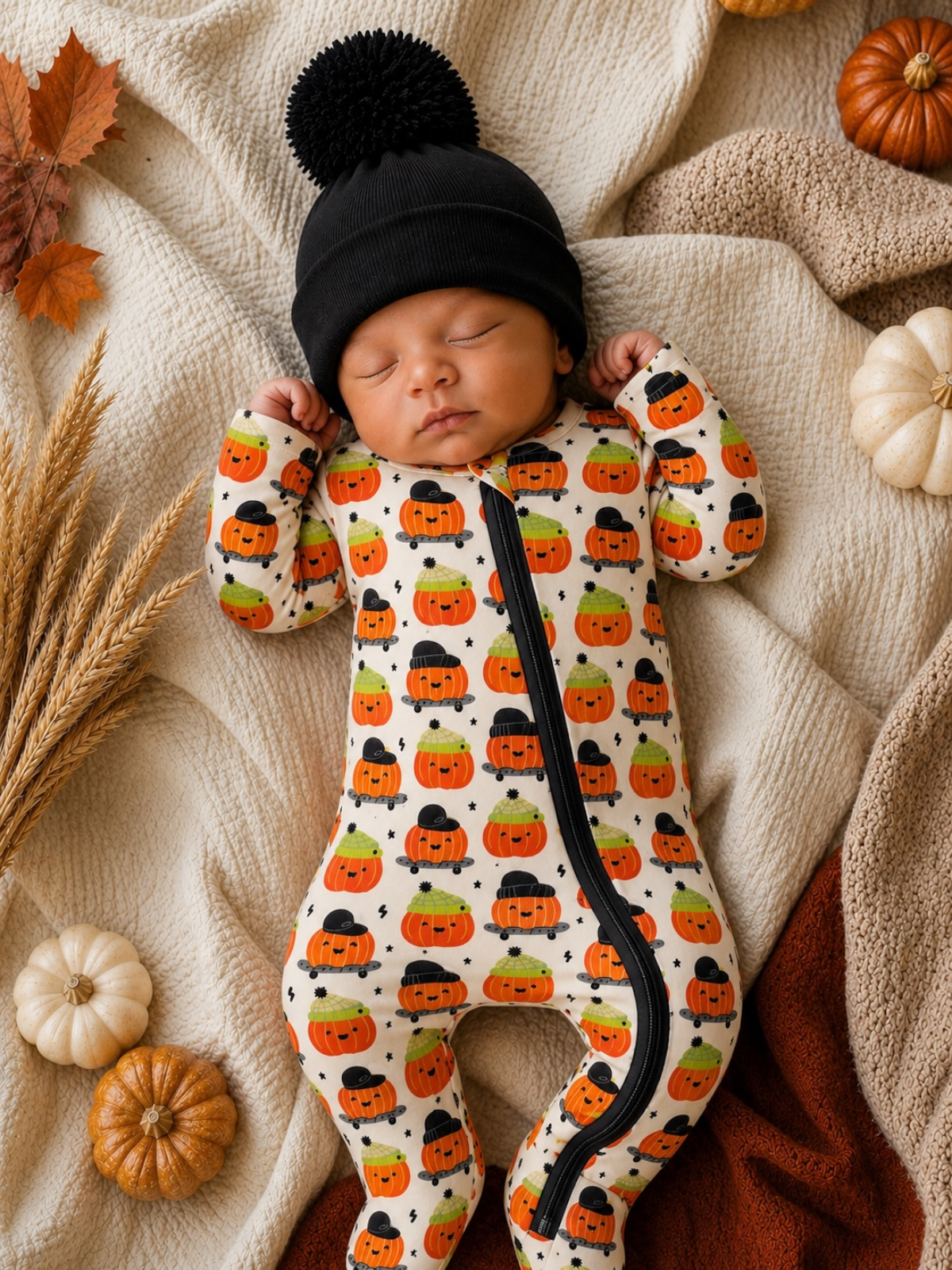 SpearmintLOVE - 2-Way Zip Footie, Pumpkin Buds: Newborn