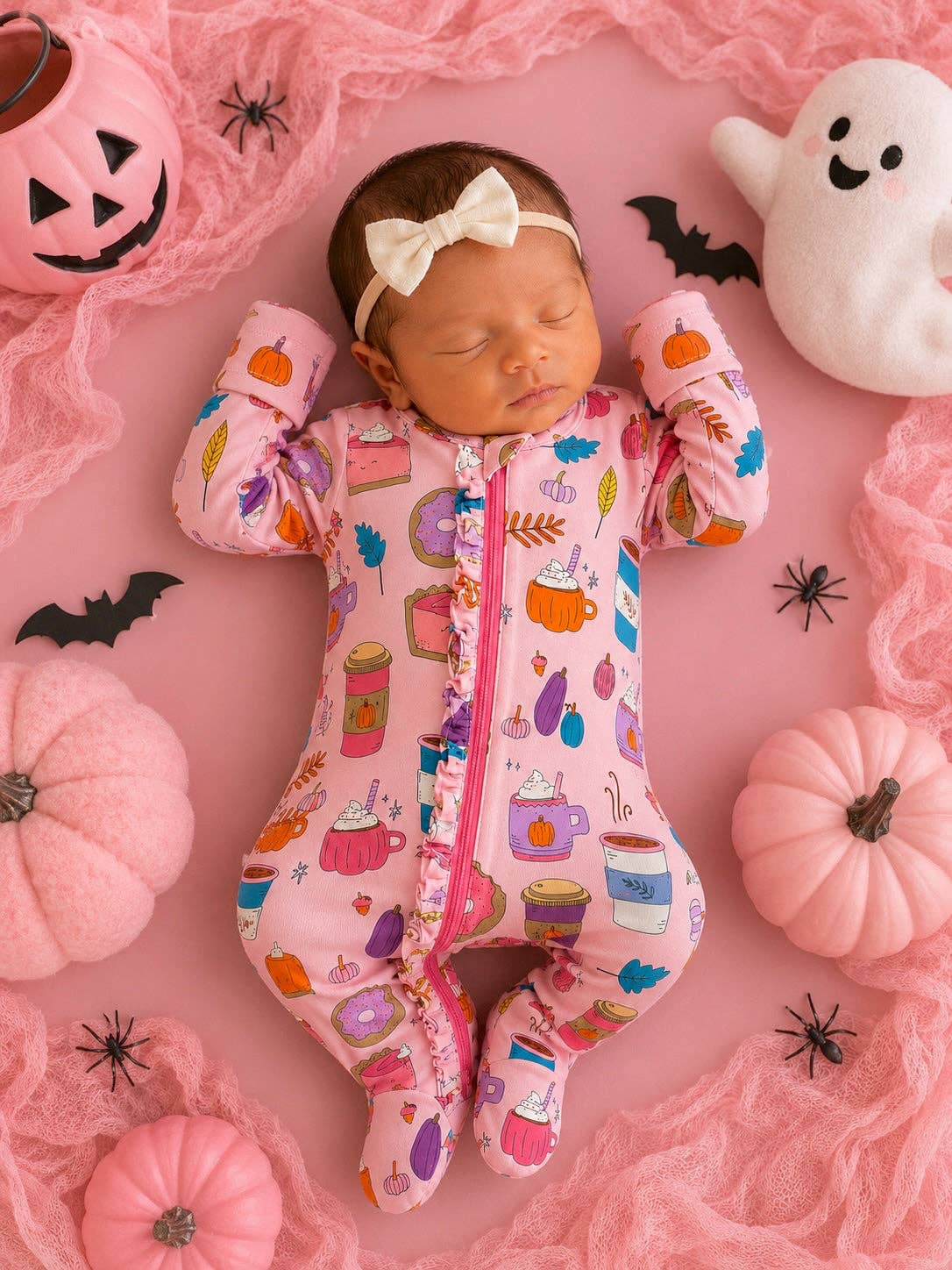 SpearmintLOVE - 2-Way Ruffle Zip Footie, Pumpkin Spice Latte Pink: 0 - 3 mo.
