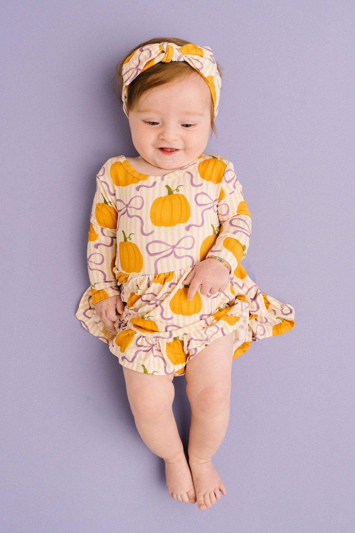 Little One Shop - Pumpkin & Bows Long Sleeve Bodysuit Bamboo Dress