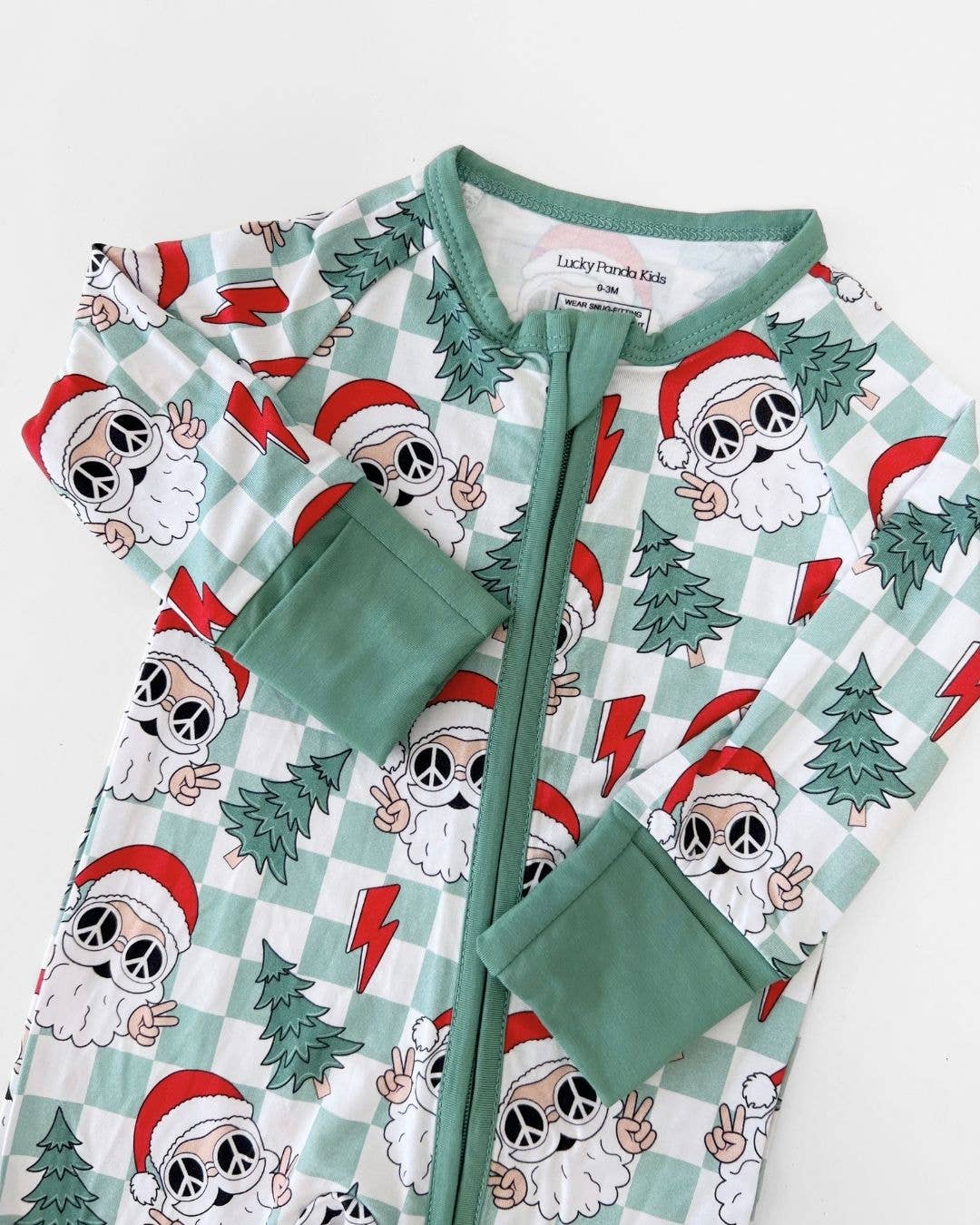 Lucky Panda Kids - Christmas Baby Bamboo Clothing Zip Romper | Checkered Santa: 12-18M