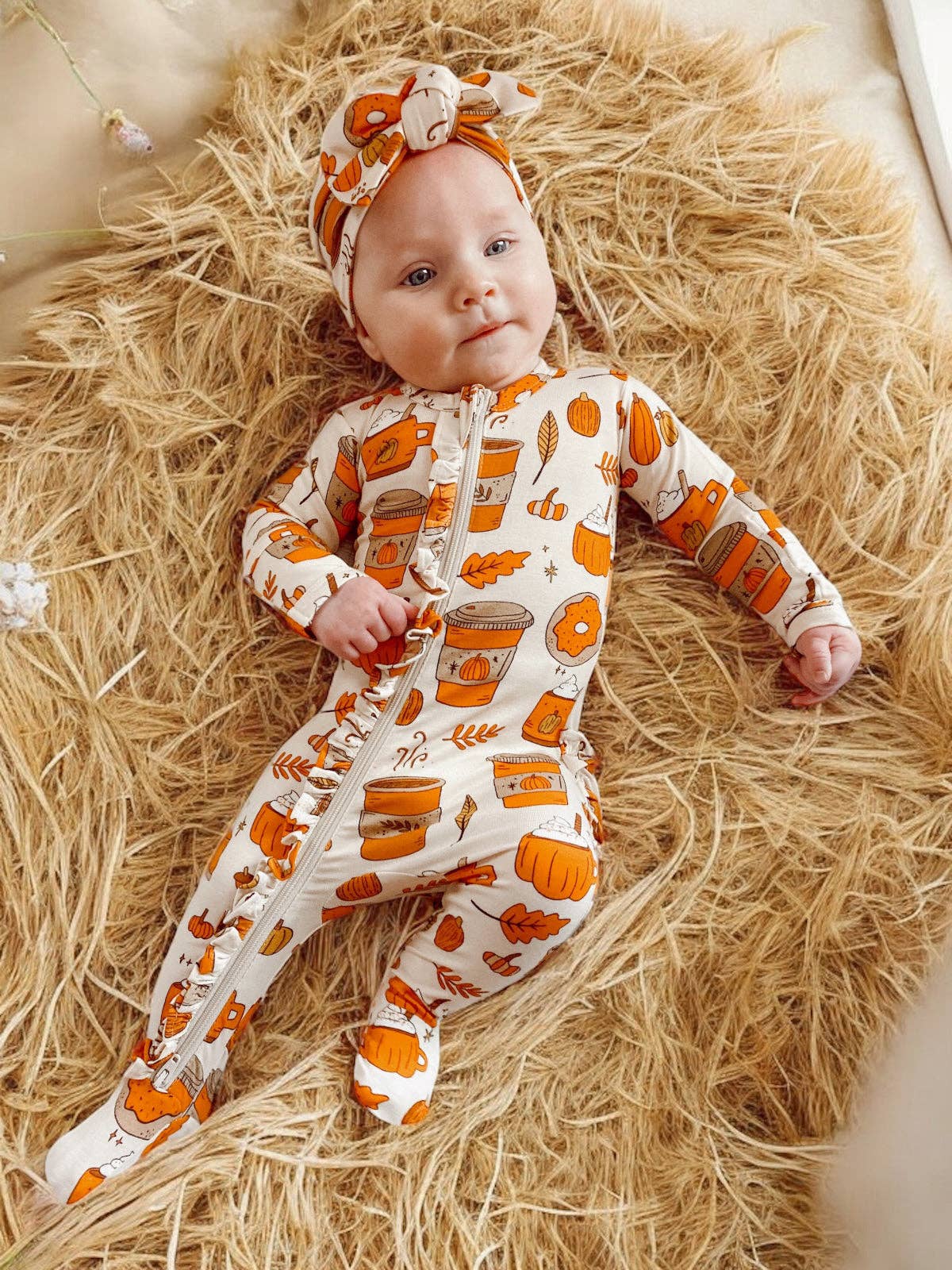 SpearmintLOVE - 2-Way Ruffle Zip Footie, Pumpkin Spice Latte: 3 - 6 mo.