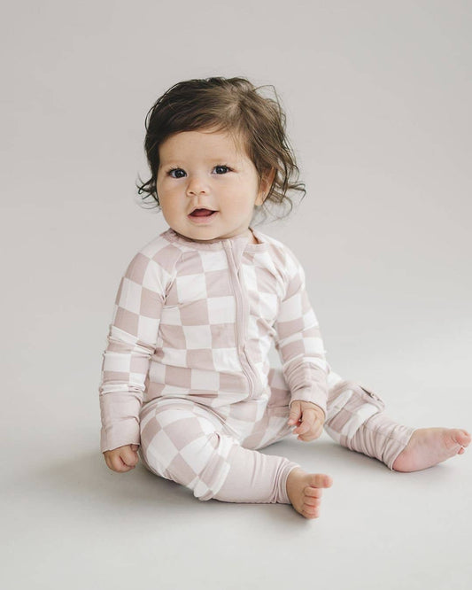 Lucky Panda Kids - Bamboo Baby Unisex Clothing Zip Romper | Latte Checkered: 3-6M