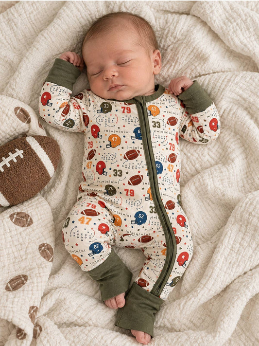 SpearmintLOVE - 2-Way Zip Romper, Vintage Football Playbook: 3 - 6 mo.