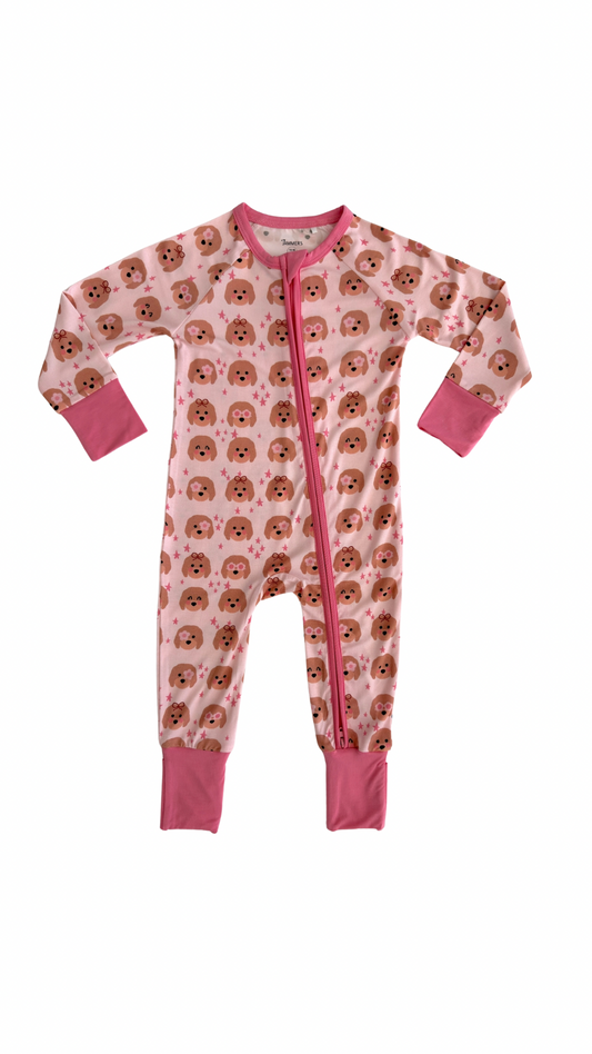 In My Jammers Pink Golden-Doodle Zipper Romper