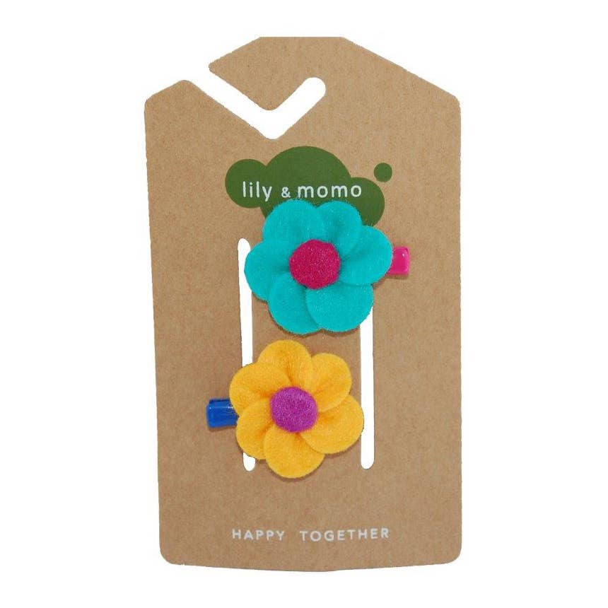 Lily and Momo - Little Flower Hair Clips - Aqua & Yellow